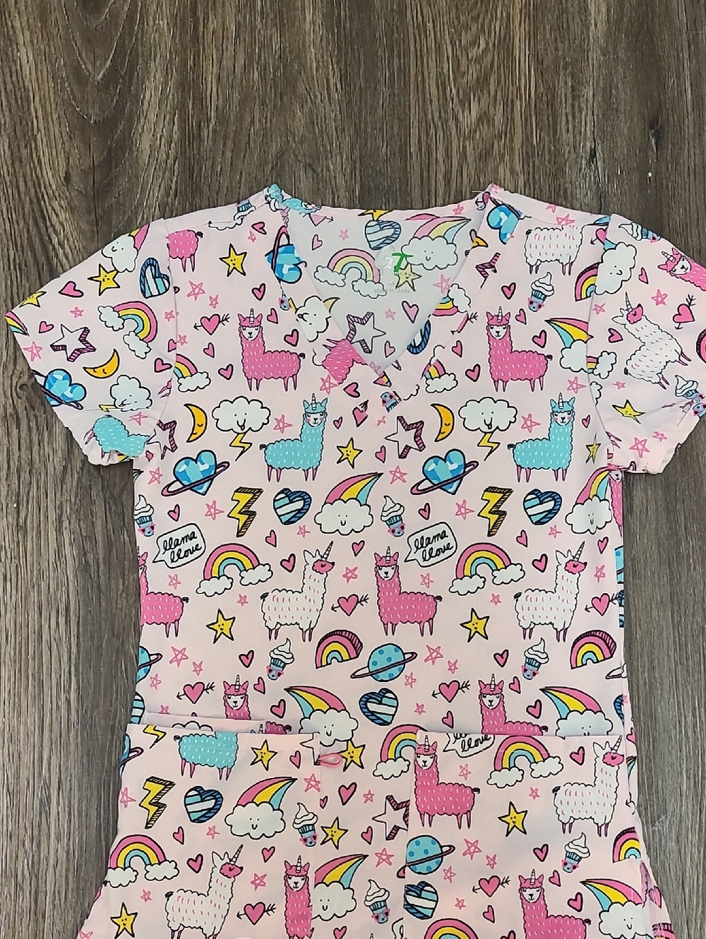 XS Pink Llama & Rainbow Print Scrub Top
